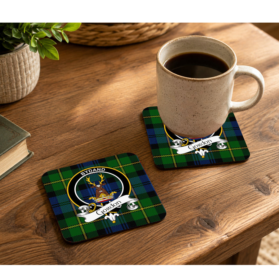 Gordon Scottish Clan Crest Rubber Coasters - Black Design Set of 4