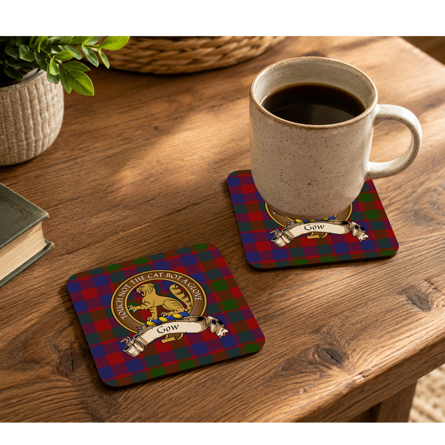 Gow Scottish Clan Crest Rubber Coasters - Brown Design Set of 4