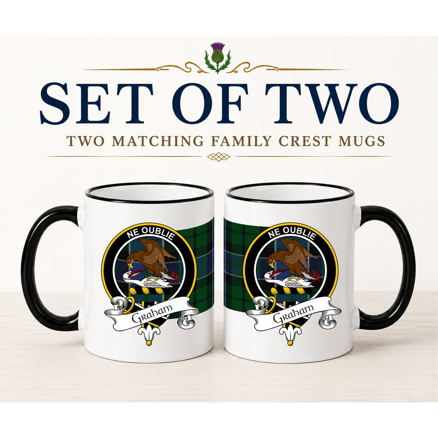 Graham Scottish Clan Crest 11 oz Mugs – Black Crest Design | Set of 2