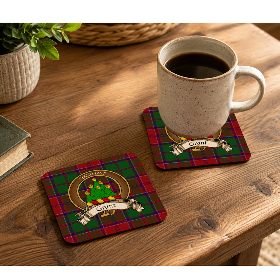 Grant Scottish Clan Crest Rubber Coasters - Brown Design Set of 4