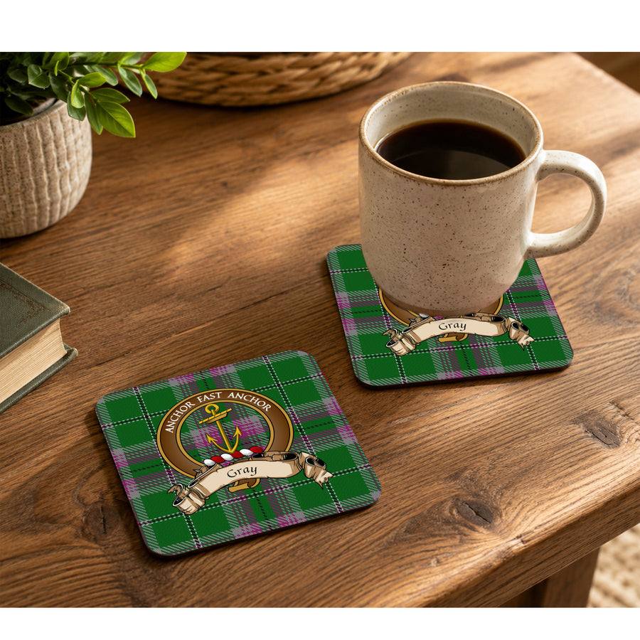 Gray Scottish Clan Crest Rubber Coasters - Brown Design Set of 4