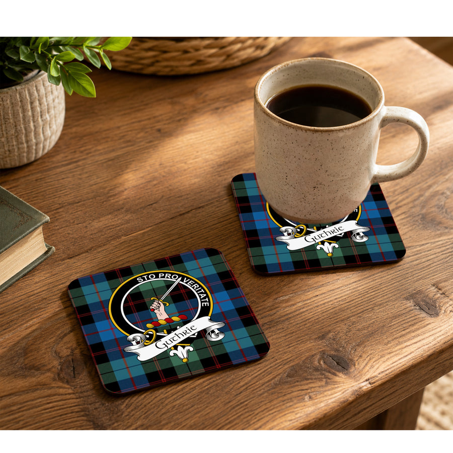 Guthrie Scottish Clan Crest Rubber Coasters - Black Design Set of 4