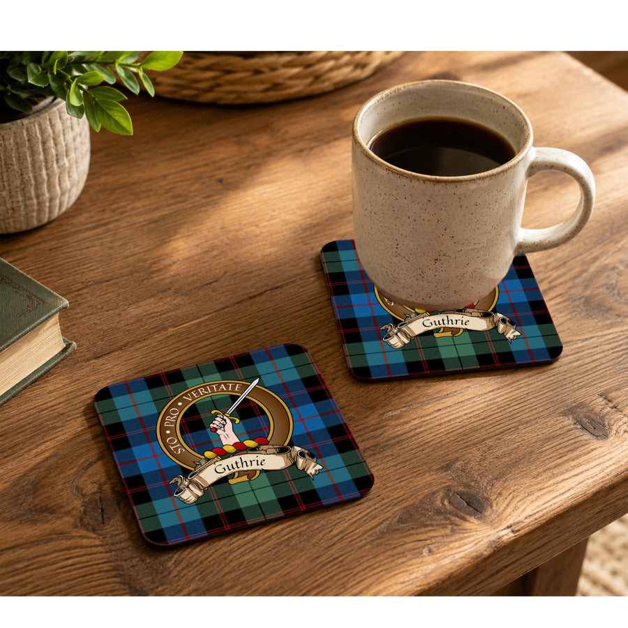 Guthrie Scottish Clan Crest Rubber Coasters - Brown Design Set of 4