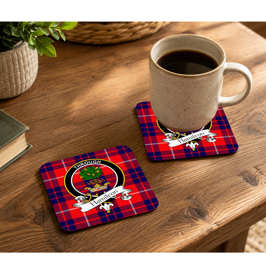 Hamilton Scottish Clan Crest Rubber Coasters - Black Design Set of 4