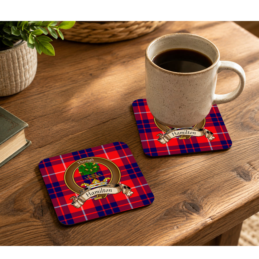 Hamilton Scottish Clan Crest Rubber Coasters - Brown Design Set of 4