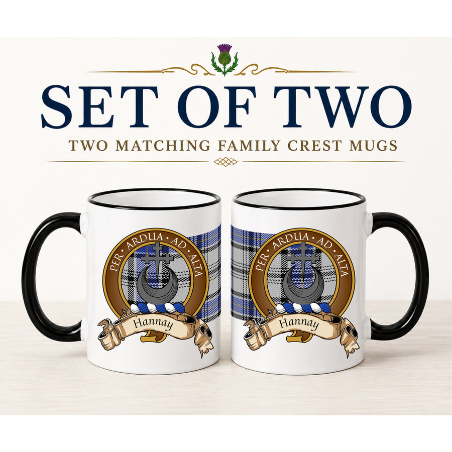 Hannay Scottish Clan Crest 11 oz Mugs – Brown Crest Design | Set of 2