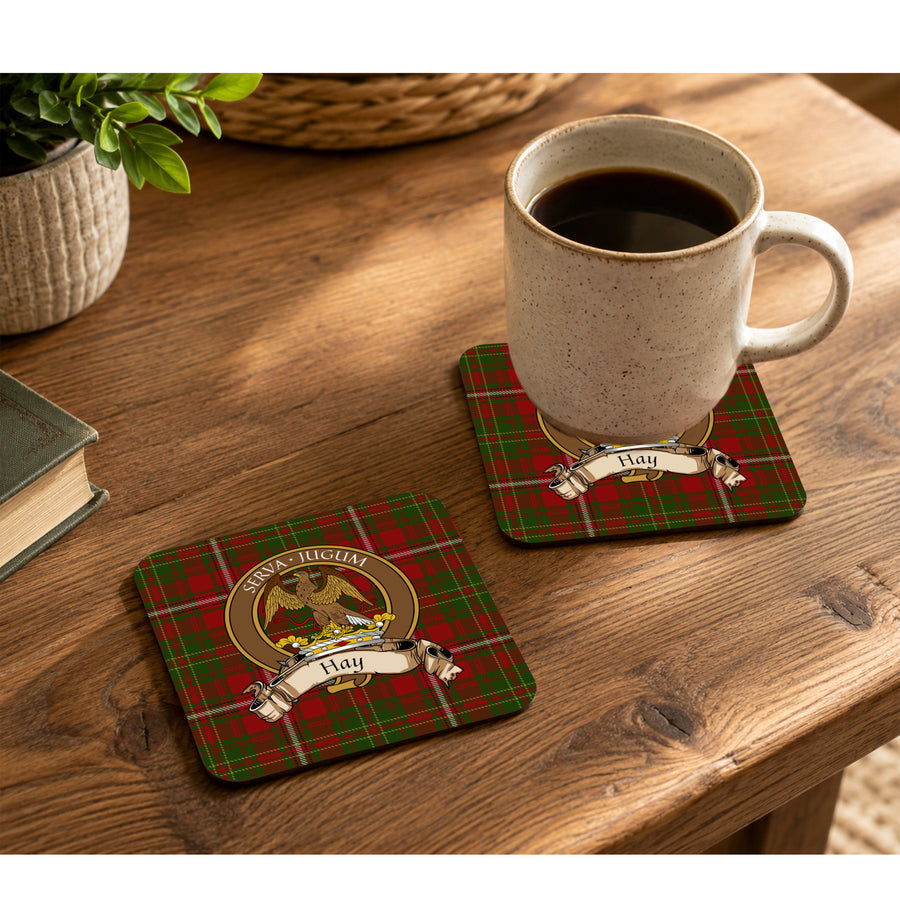 Hay Scottish Clan Crest Rubber Coasters - Brown Design Set of 4