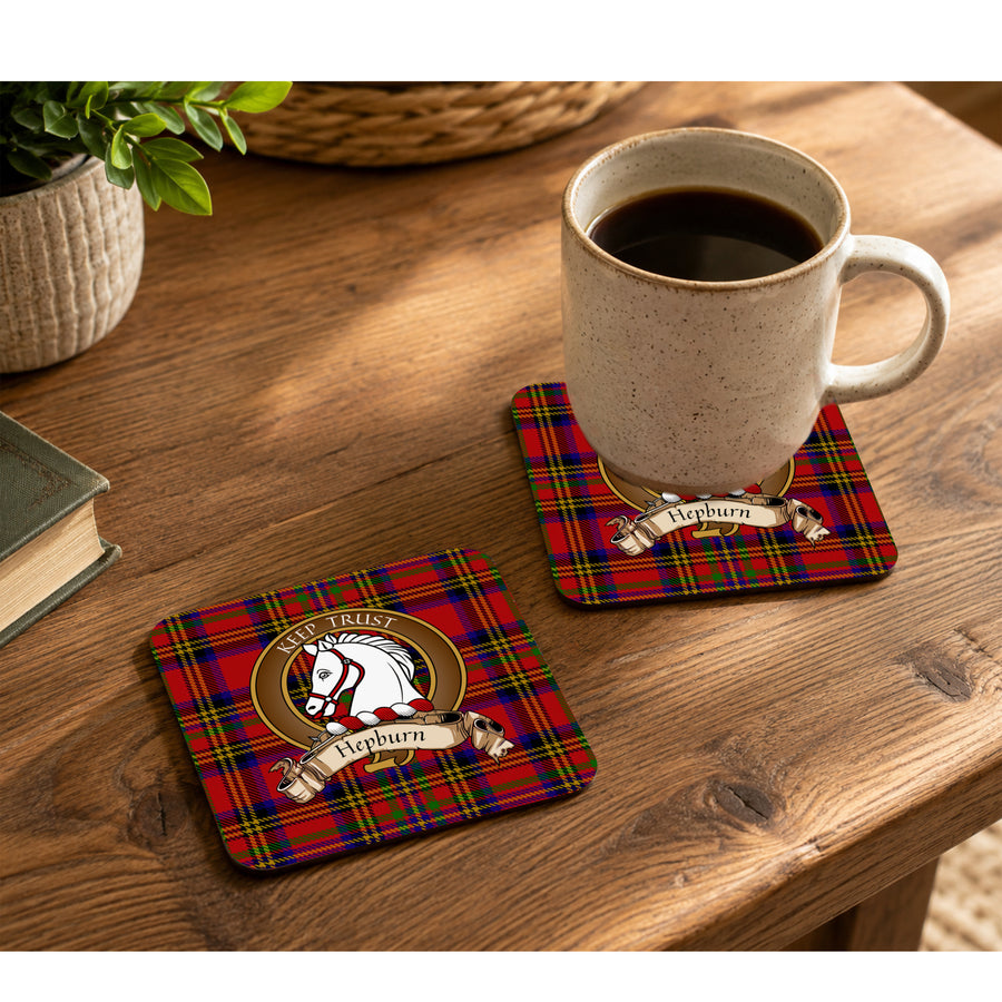 Hepburn Scottish Clan Crest Rubber Coasters - Brown Design Set of 4
