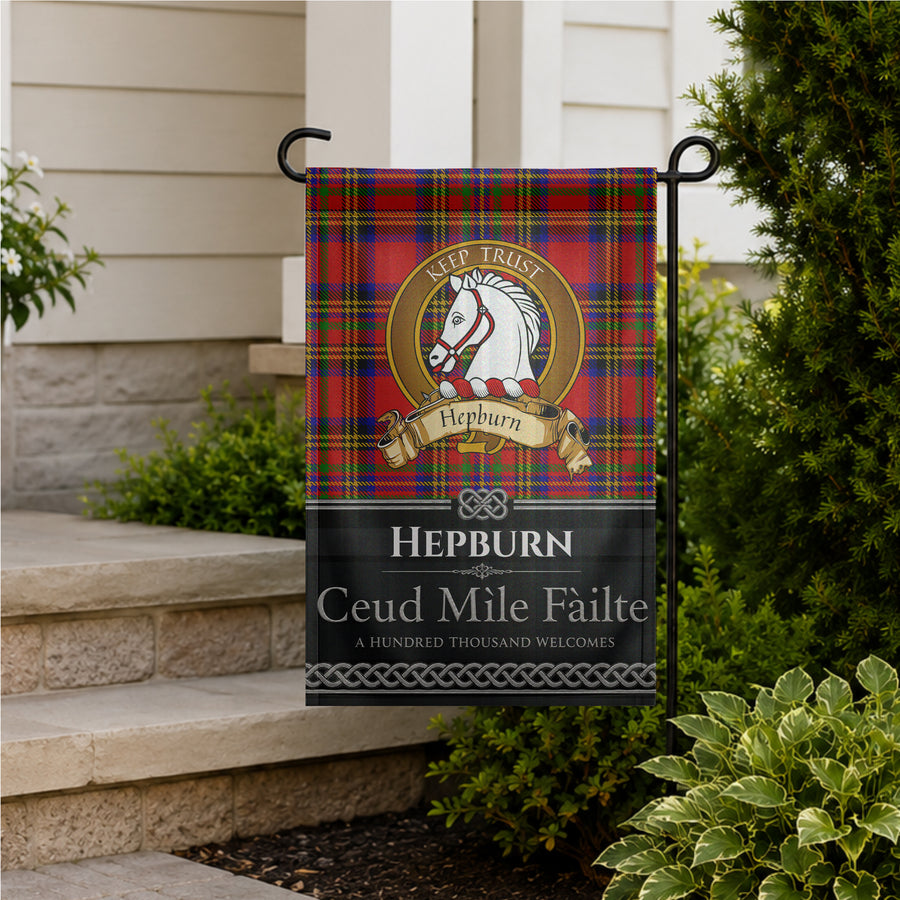 Hepburn Scottish Clan Crest Garden Flag - Brown Design