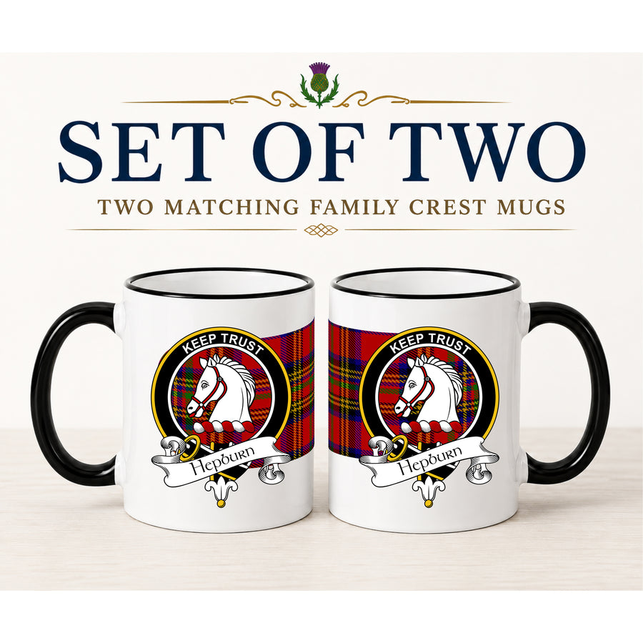 Hepburn Scottish Clan Crest 11 oz Mugs – Black Crest Design | Set of 2