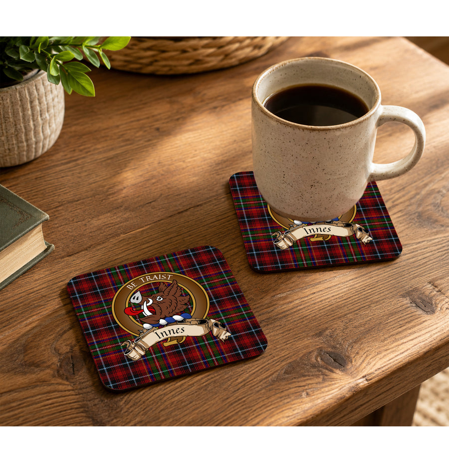 Innes Scottish Clan Crest Rubber Coasters - Brown Design Set of 4