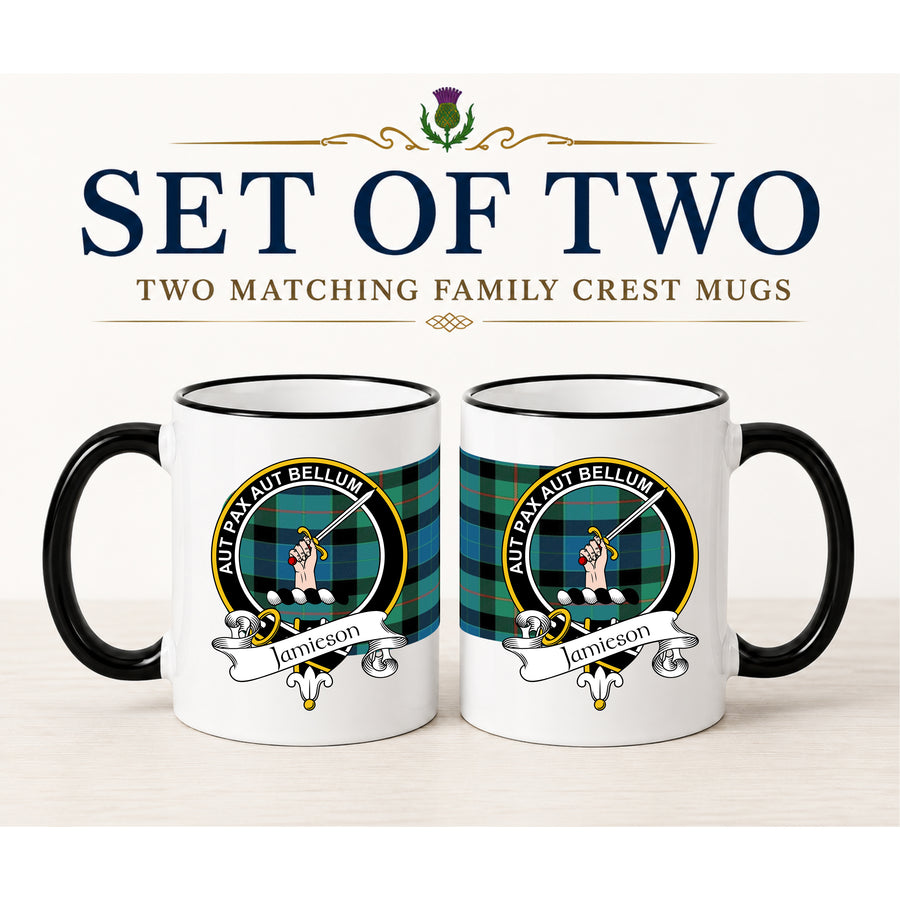 Jamieson Scottish Clan Crest 11 oz Mugs – Black Crest Design | Set of 2