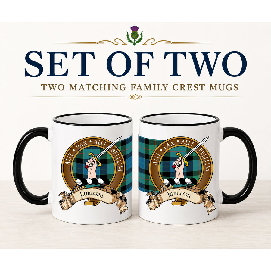 Jamieson Scottish Clan Crest 11 oz Mugs – Brown Crest Design | Set of 2