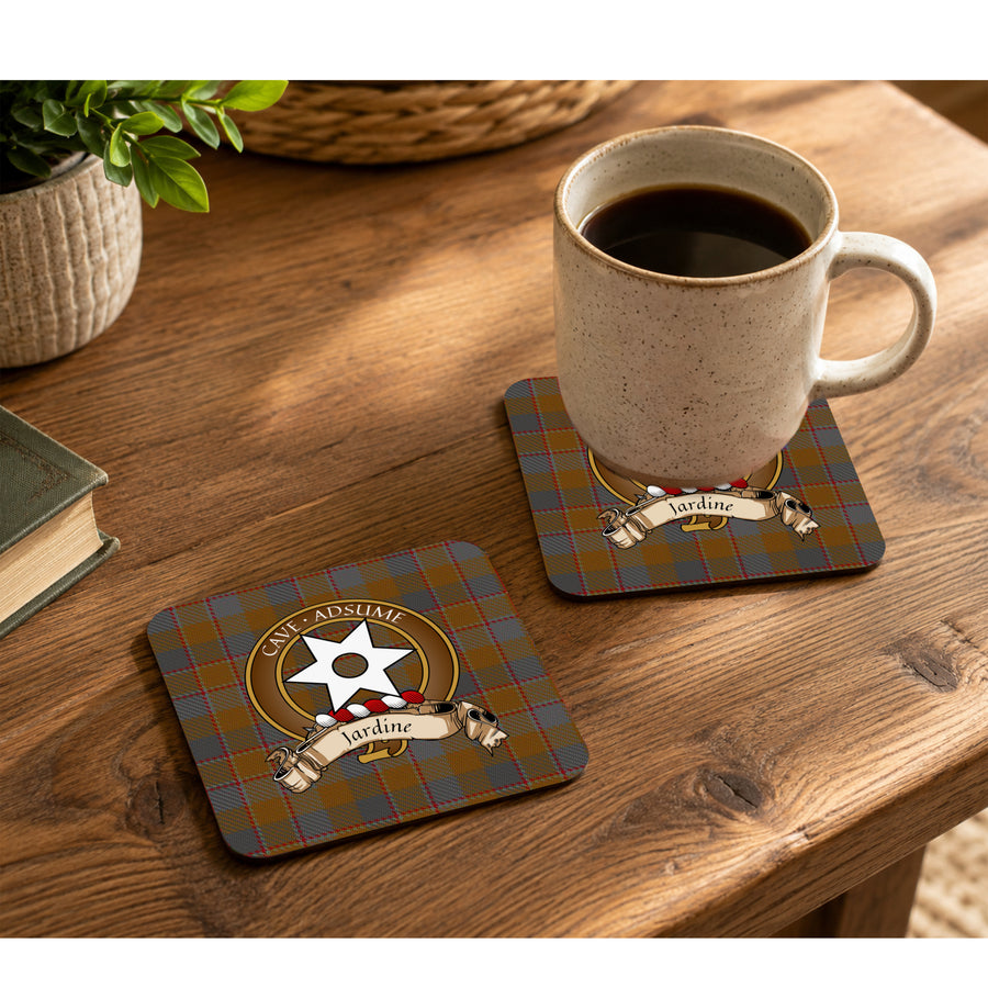 Jardine Scottish Clan Crest Rubber Coasters - Brown Design Set of 4