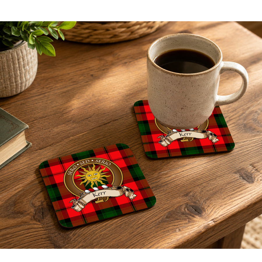 Kerr Scottish Clan Crest Rubber Coasters - Brown Design Set of 4