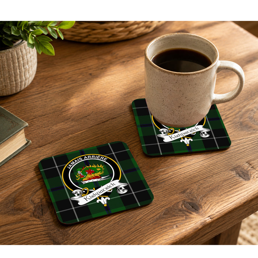 Kirkpatrick Scottish Clan Crest Rubber Coasters - Black Design Set of 4