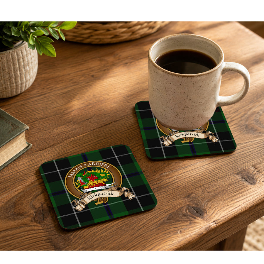 Kirkpatrick Scottish Clan Crest Rubber Coasters - Brown Design Set of 4
