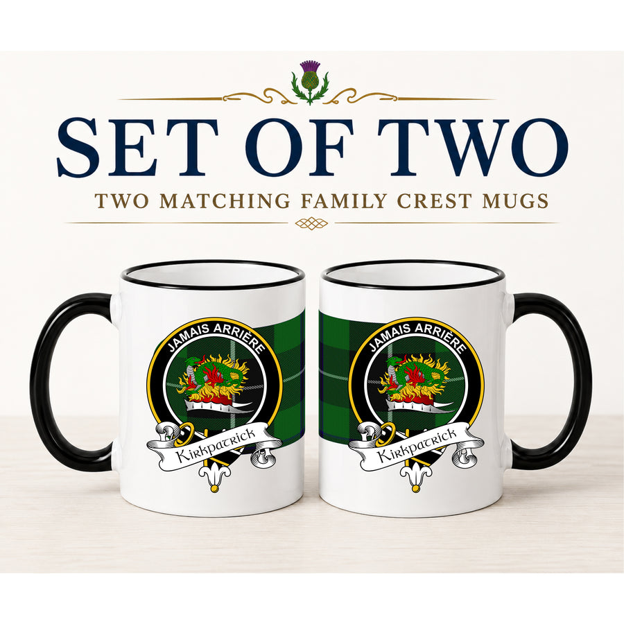 Kirkpatrick Scottish Clan Crest 11 oz Mugs – Black Crest Design | Set of 2