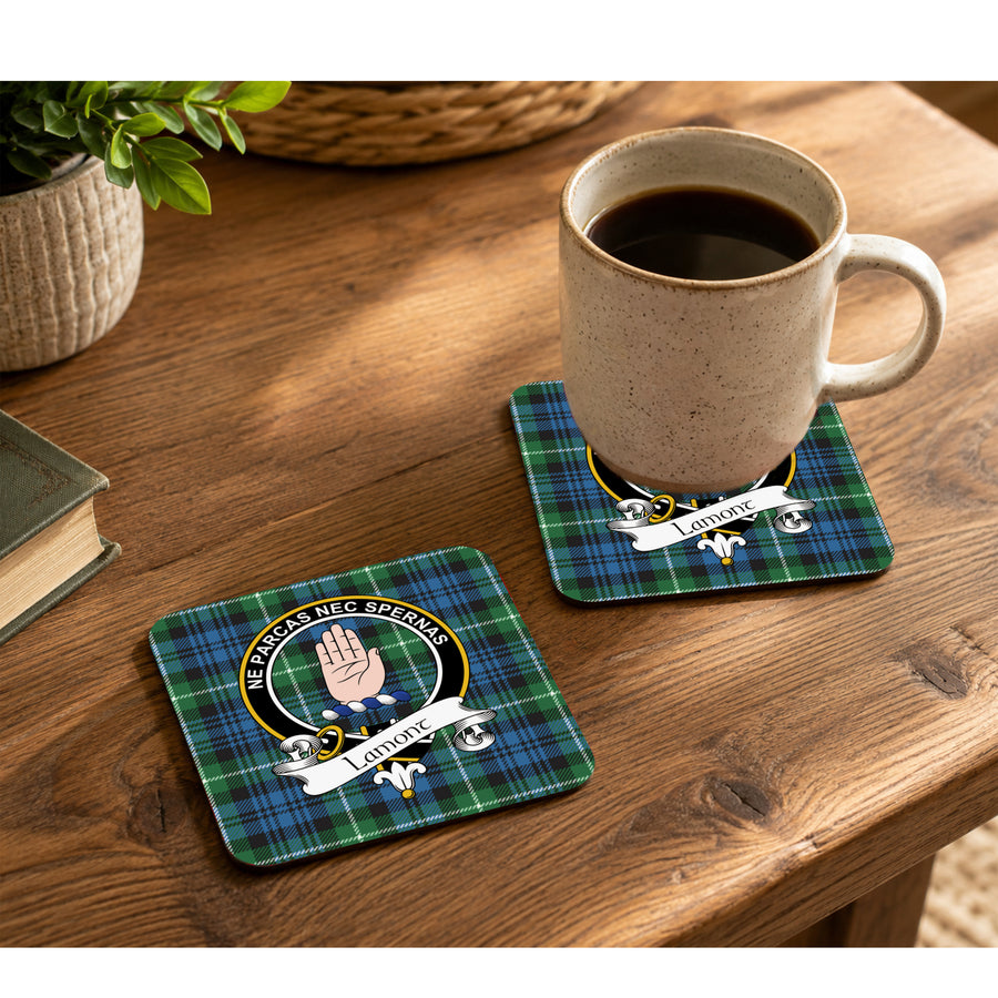 Lamont Scottish Clan Crest Rubber Coasters - Black Design Set of 4