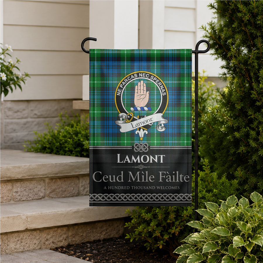 Lamont Scottish Clan Crest Garden Flag - Black Design