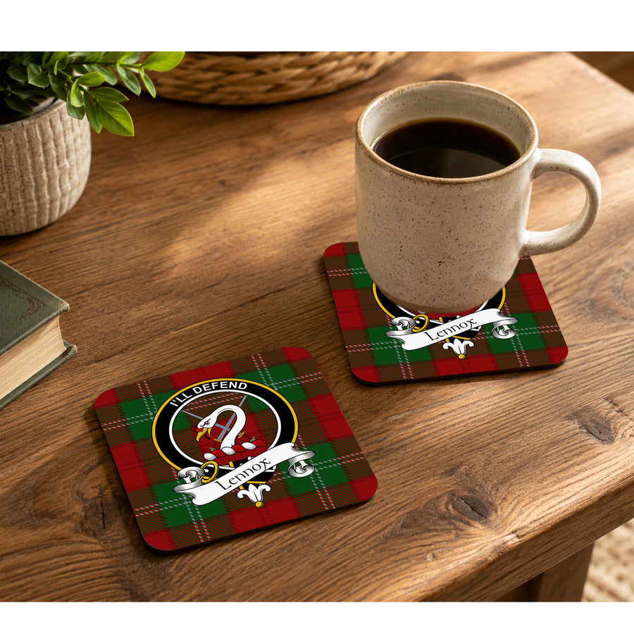 Lennox Scottish Clan Crest Rubber Coasters - Black Design Set of 4