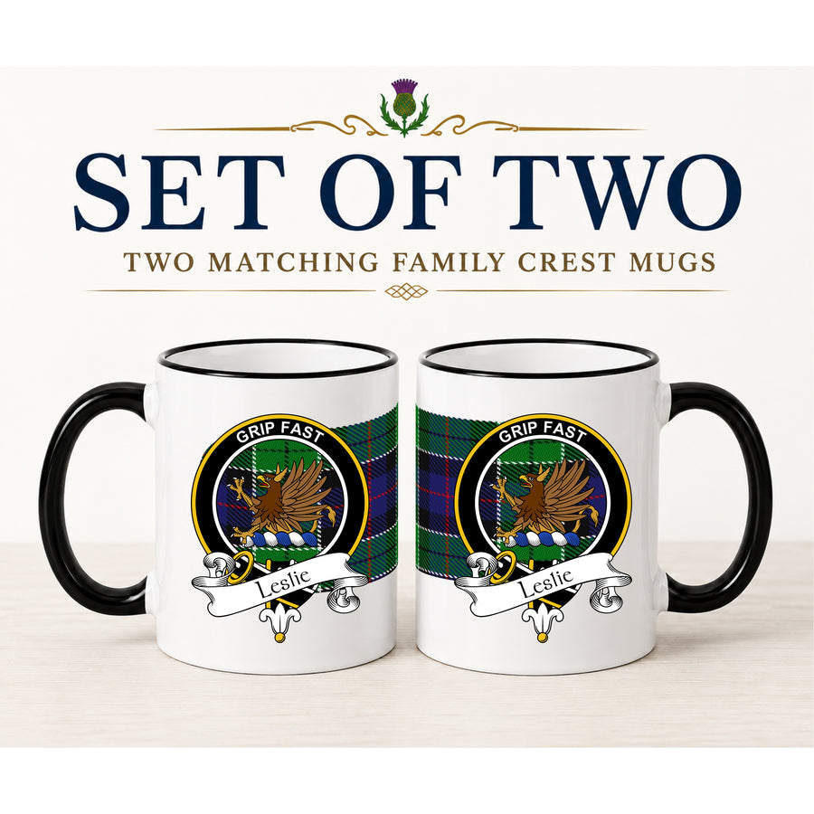 Leslie Scottish Clan Crest 11 oz Mugs – Black Crest Design | Set of 2