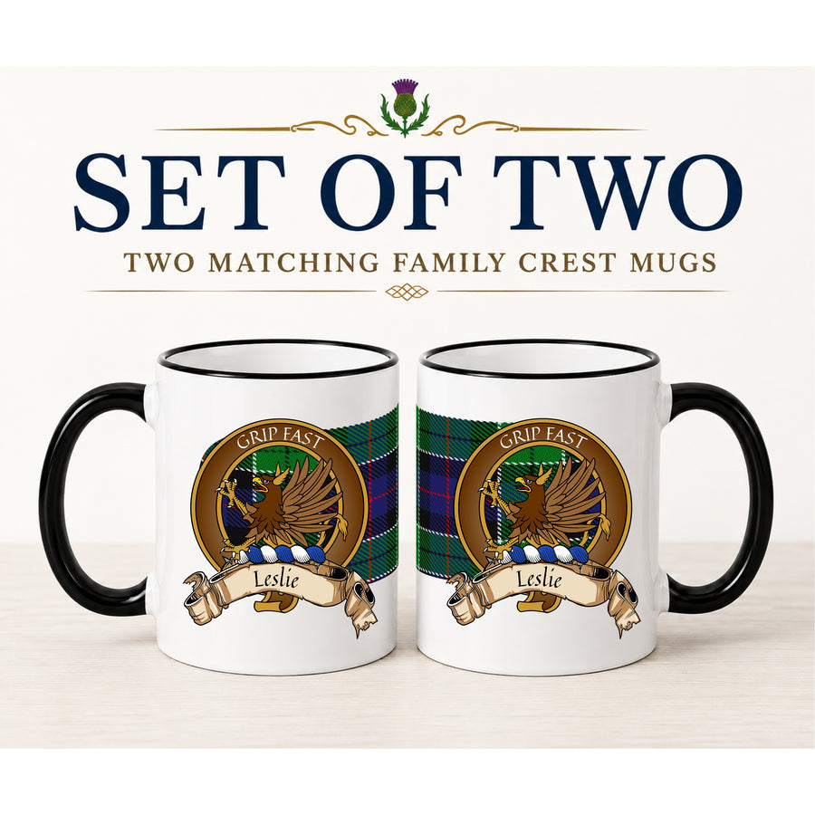 Leslie Scottish Clan Crest 11 oz Mugs – Brown Crest Design | Set of 2