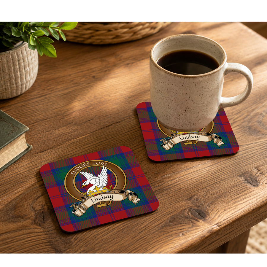Lindsay Scottish Clan Crest Rubber Coasters - Brown Design Set of 4