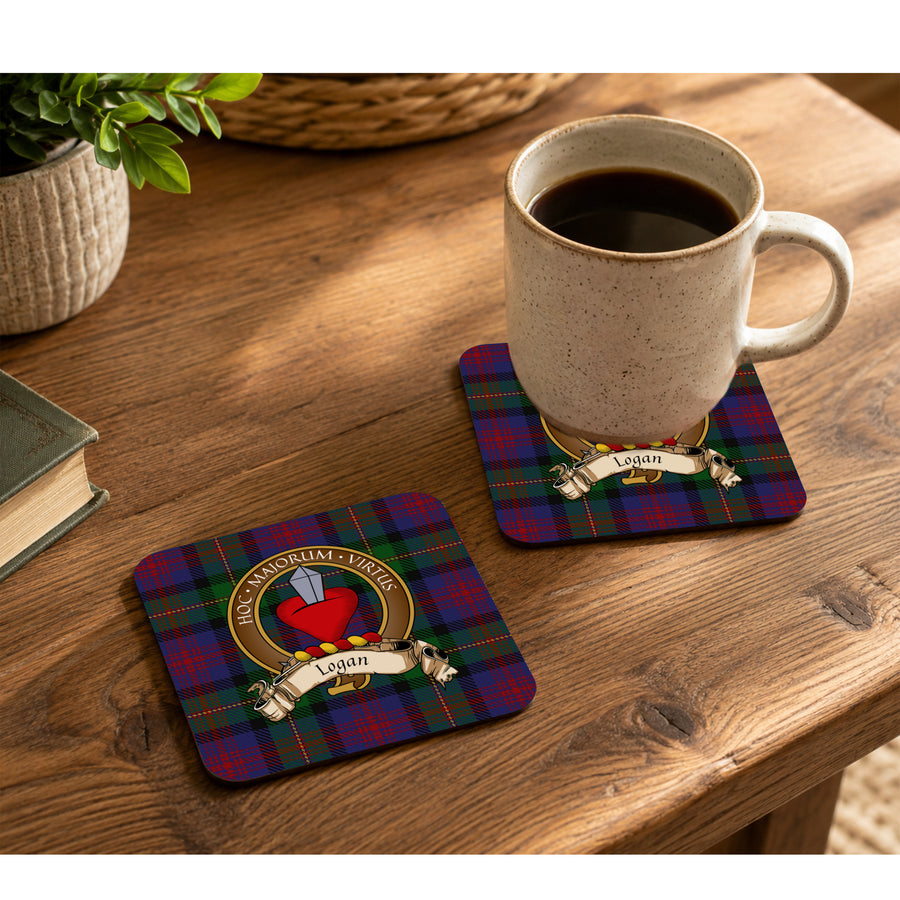 Logan Scottish Clan Crest Rubber Coasters - Brown Design Set of 4