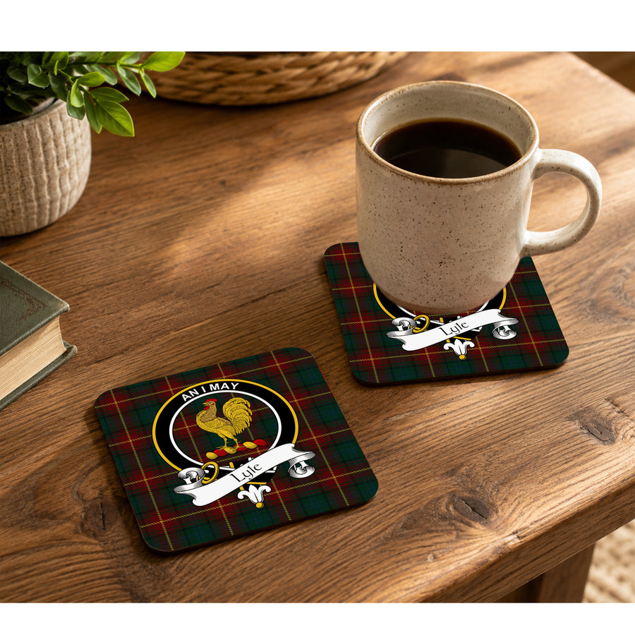 Lyle Scottish Clan Crest Rubber Coasters - Black Design Set of 4