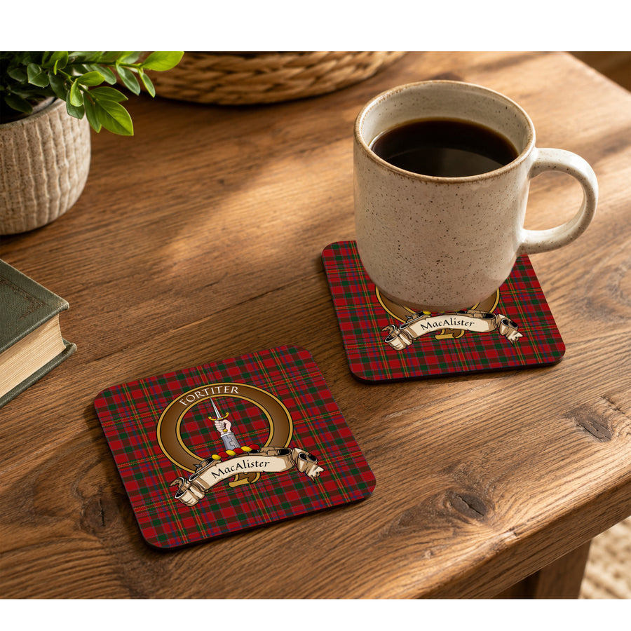 MacAlister Scottish Clan Crest Rubber Coasters - Brown Design Set of 4