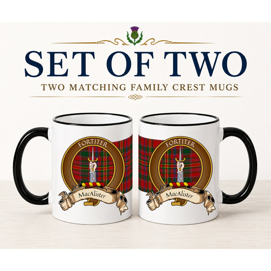 MacAlister Scottish Clan Crest 11 oz Mugs – Brown Crest Design | Set of 2
