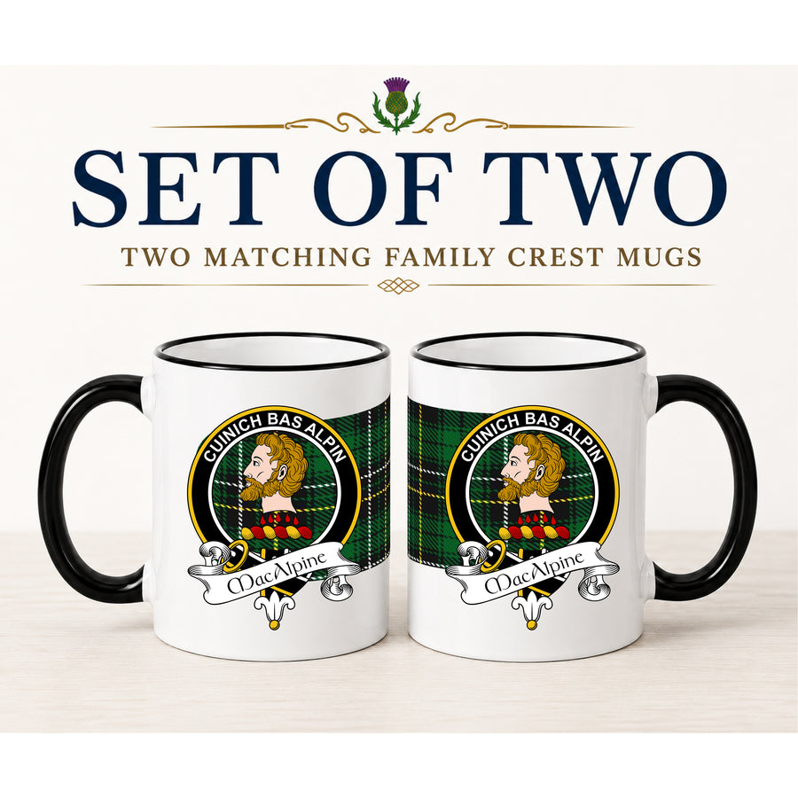 MacAlpine Scottish Clan Crest 11 oz Mugs – Black Crest Design | Set of 2