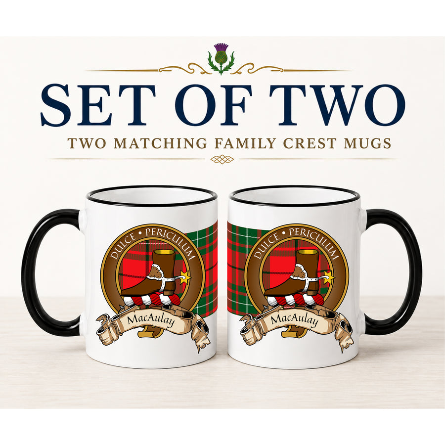 MacAuley Scottish Clan Crest 11 oz Mugs – Brown Crest Design | Set of 2