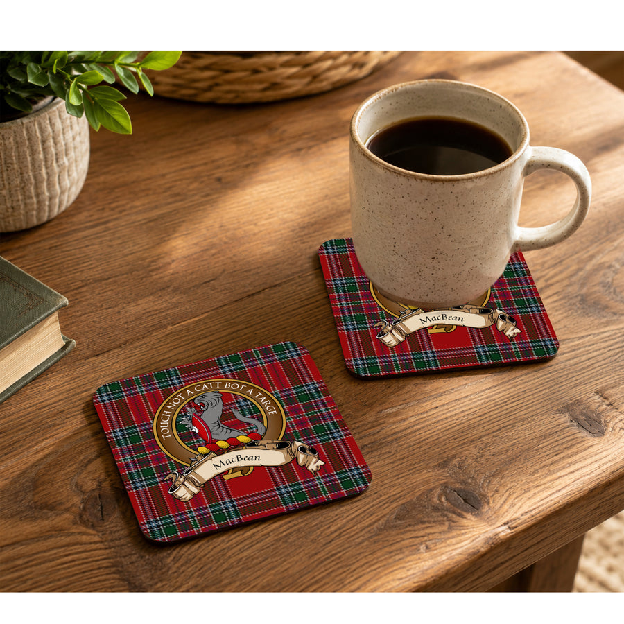 MacBain Scottish Clan Crest Rubber Coasters - Brown Design Set of 4