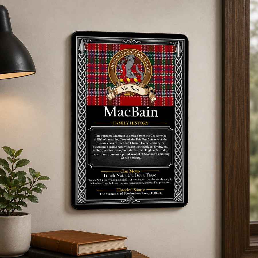 MacBain Scottish Family History Metal Sign – Brown Crest