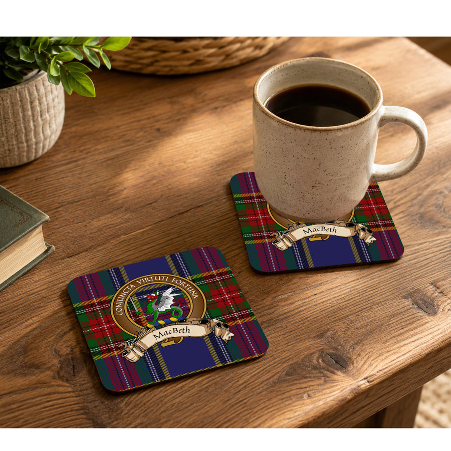 MacBeth Scottish Clan Crest Rubber Coasters - Brown Design Set of 4