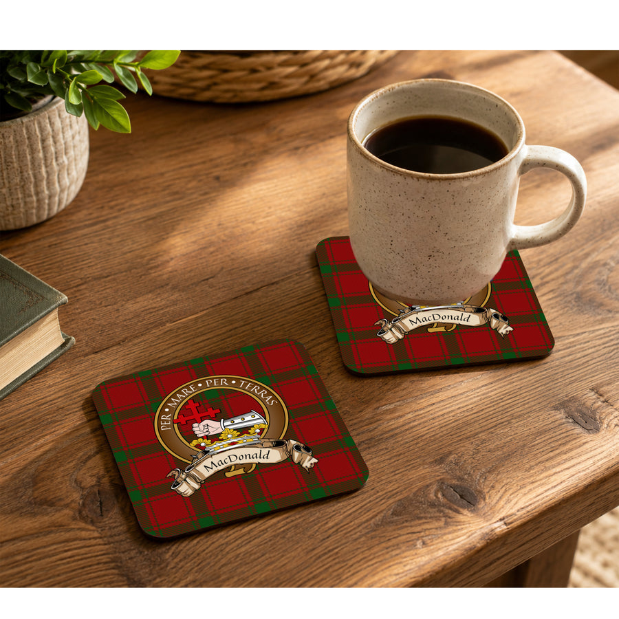 MacDonald of Sleat Scottish Clan Crest Rubber Coasters - Brown Design Set of 4
