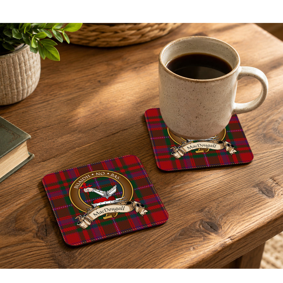 MacDougall Scottish Clan Crest Rubber Coasters - Brown Design Set of 4