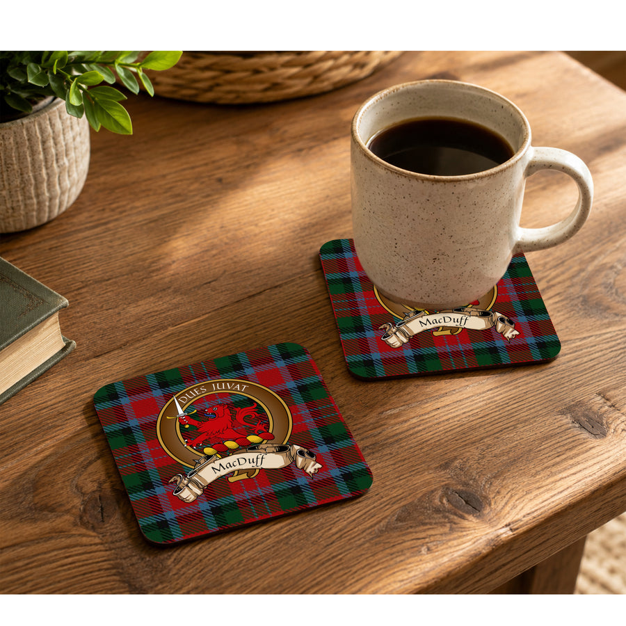 MacDuff Scottish Clan Crest Rubber Coasters - Brown Design Set of 4