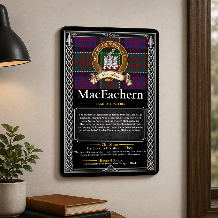 MacEachern Scottish Family History Metal Sign – Brown Crest