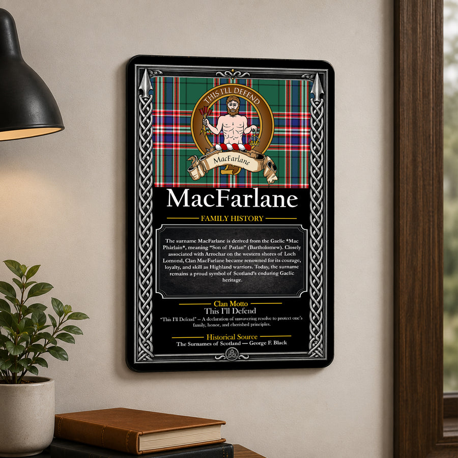MacFarlane Scottish Family History Metal Sign – Brown Crest