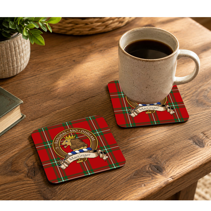 MacGregor Scottish Clan Crest Rubber Coasters - Brown Design Set of 4