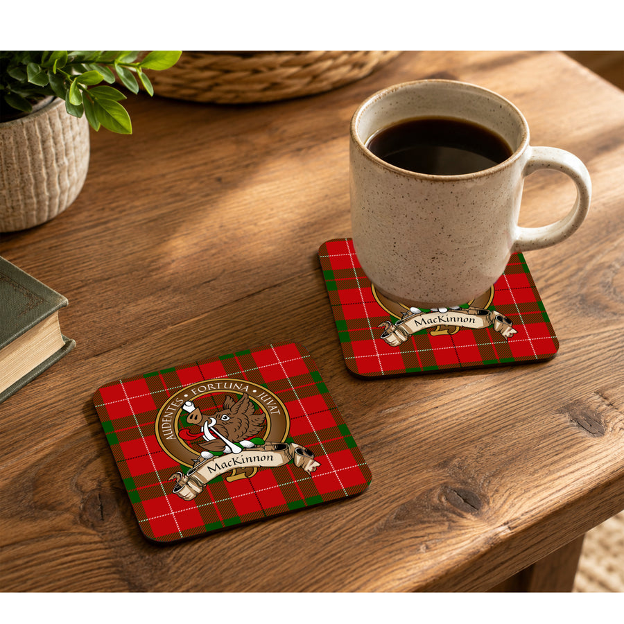 MacKinnon Scottish Clan Crest Rubber Coasters - Brown Design Set of 4