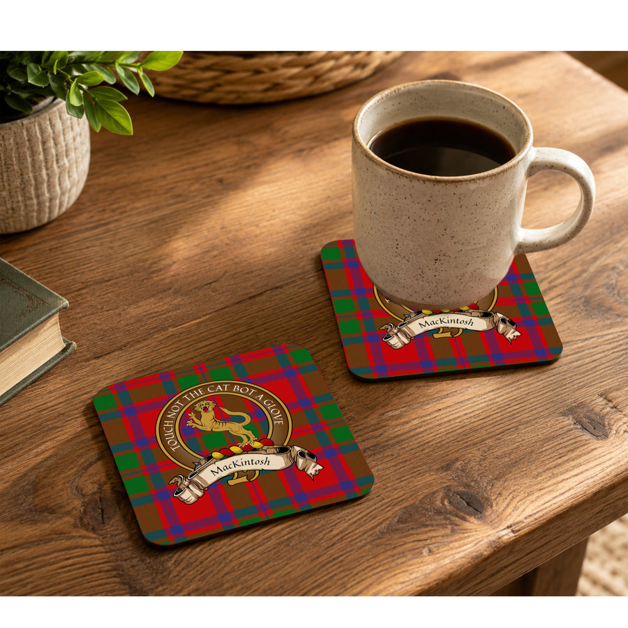 MacKintosh Scottish Clan Crest Rubber Coasters - Brown Design Set of 4
