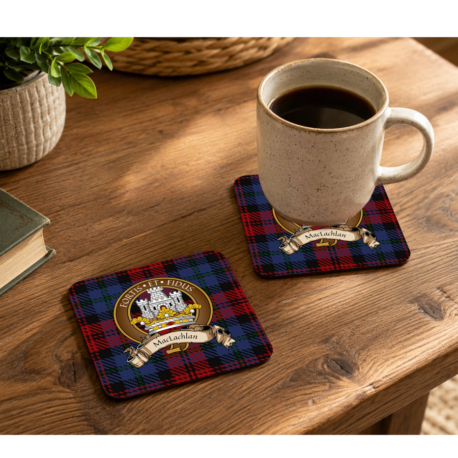 MacLachlan Scottish Clan Crest Rubber Coasters - Brown Design Set of 4