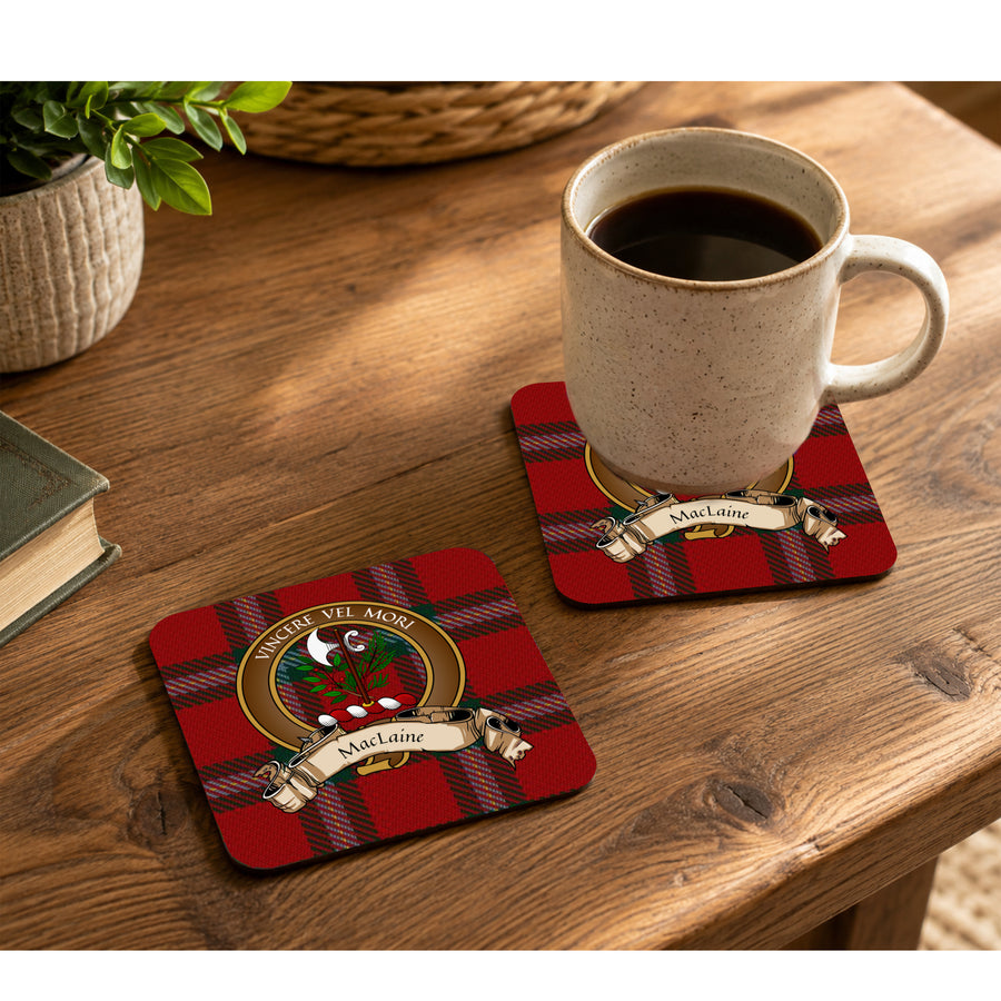 MacLaine Scottish Clan Crest Rubber Coasters - Brown Design Set of 4