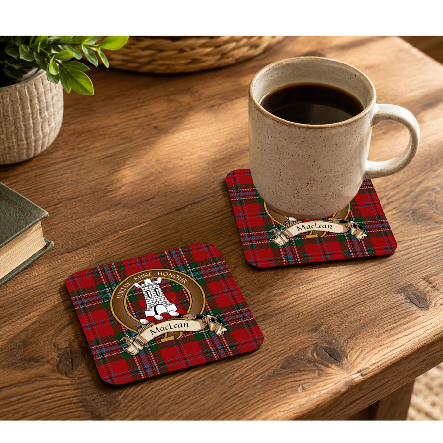 MacLean Scottish Clan Crest Rubber Coasters - Brown Design Set of 4