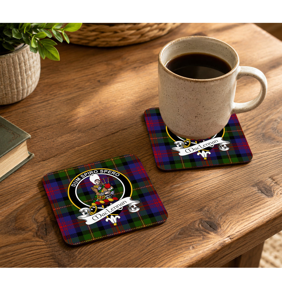 MacLennan Scottish Clan Crest Rubber Coasters - Black Design Set of 4