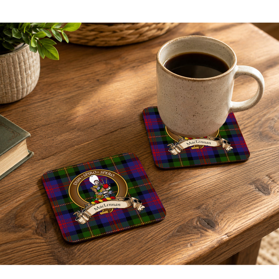 MacLennan Scottish Clan Crest Rubber Coasters - Brown Design Set of 4